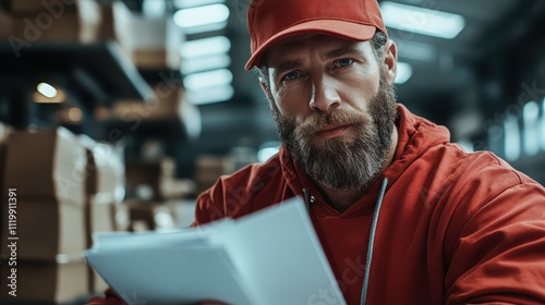 A focused man dressed in a red cap and hoodie examines documents in a modern setting. His serious expression suggests deep concentration and attention to detail. photo