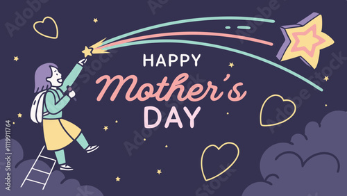 Starry banner celebrating Mother's Day with colorful illustrations and heartfelt wishes in a whimsical design for all mothers