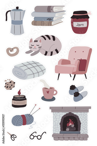 Cozy Winter Home Stickers Set with Cat, Fireplace, Books, Yarn, and Warm Beverages for Scrapbooking and Crafts. Vector illustration