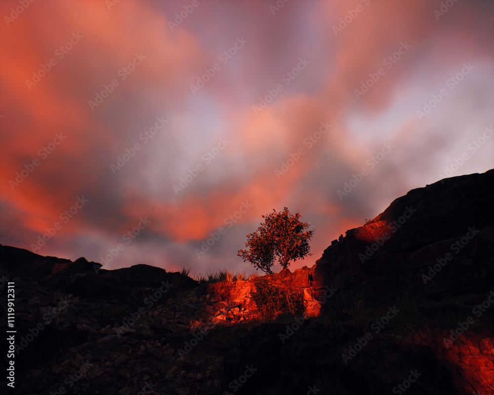 Quarry slate with some trees under a sunset cloudy sky. 3D render.