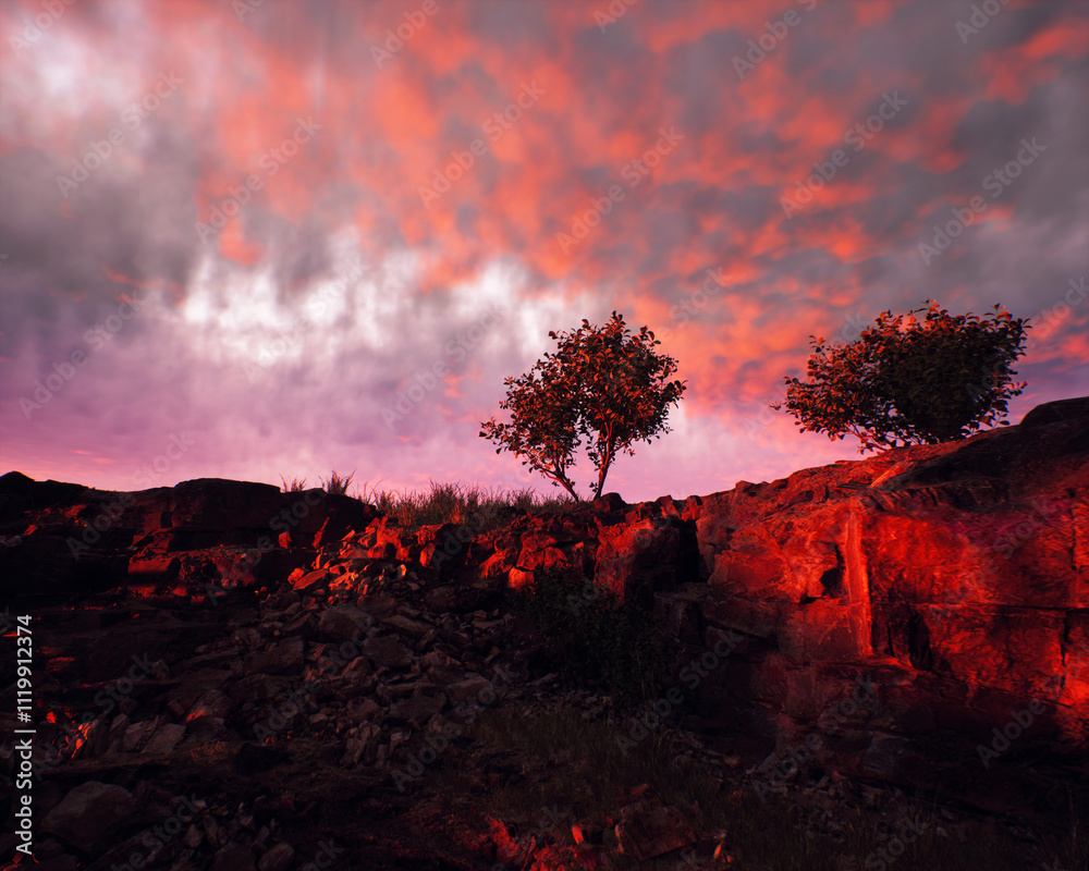 Quarry slate with some trees under a sunset cloudy sky. 3D render.