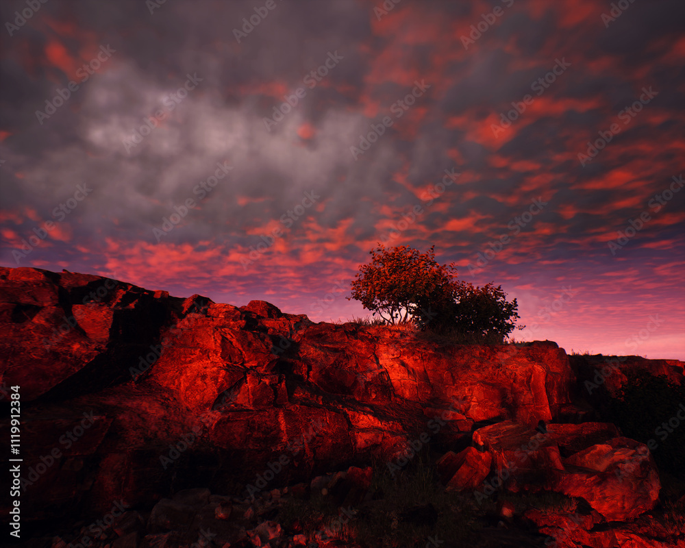 Quarry slate with some trees under a sunset cloudy sky. 3D render.