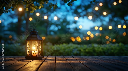 serene outdoor evening scene with glowing lantern on wooden table under night sky