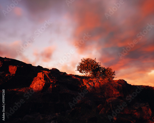 Obraz na płótnie Quarry slate with some trees under a sunset cloudy sky. 3D render. w salonie