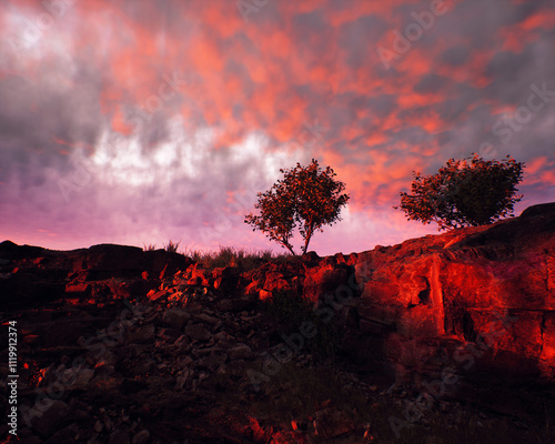 Obraz na płótnie Quarry slate with some trees under a sunset cloudy sky. 3D render. w salonie