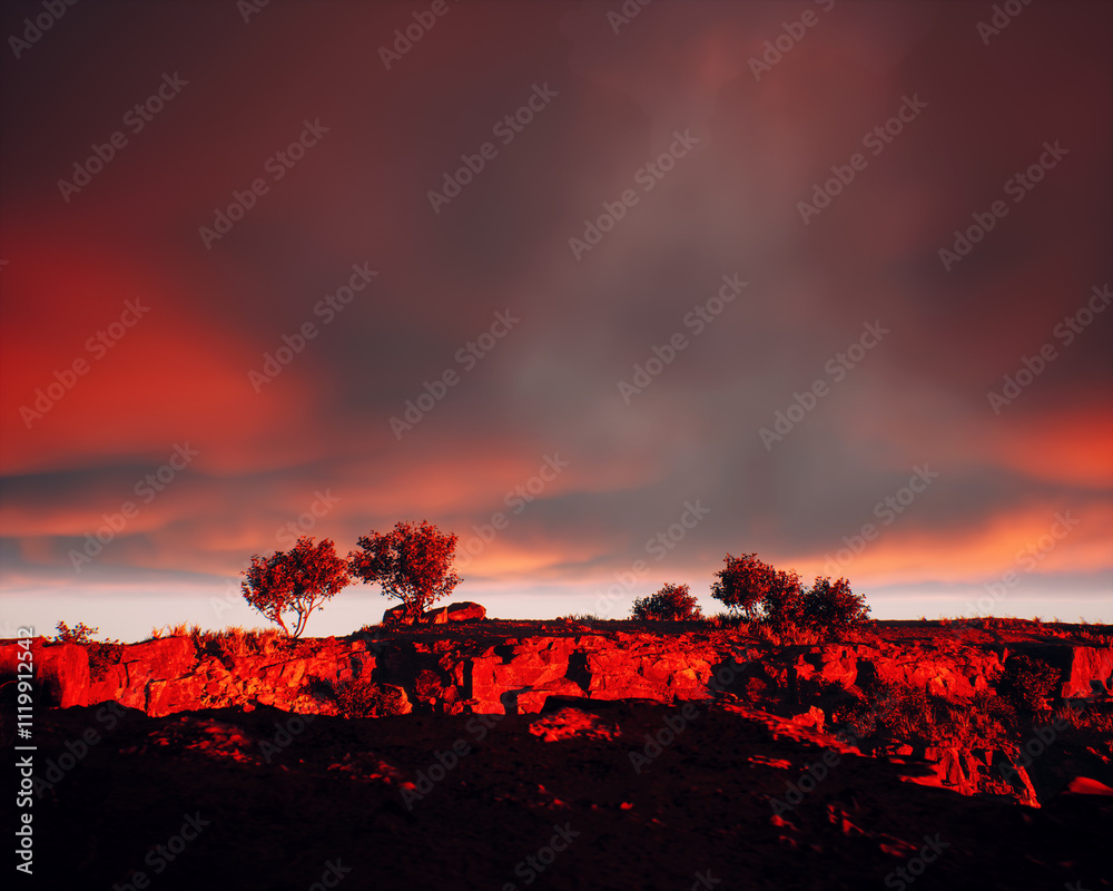 Quarry slate with some trees under a sunset cloudy sky. 3D render.