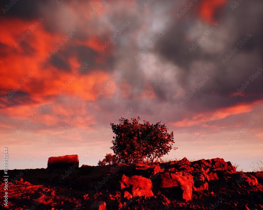 Quarry slate with some trees under a sunset cloudy sky. 3D render.