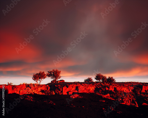 Quarry slate with some trees under a sunset cloudy sky. 3D render.
