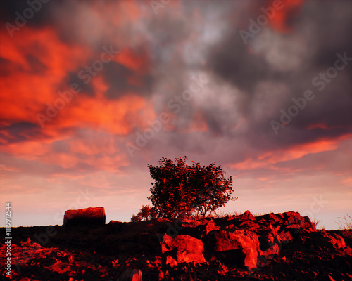 Obraz na płótnie Quarry slate with some trees under a sunset cloudy sky. 3D render. w salonie
