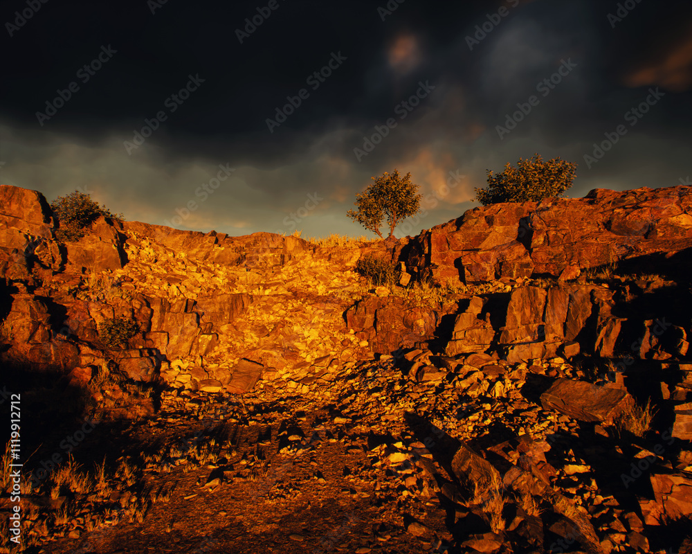 Quarry slate with some trees under a dark cloudy sky. 3D render.