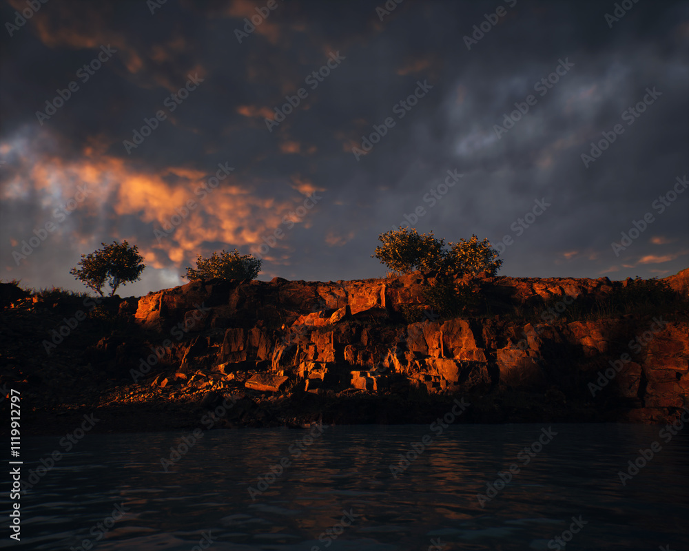 Quarry slate with water and some trees under a sunset cloudy sky. 3D render.