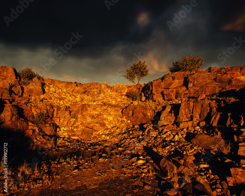 Obraz na płótnie Quarry slate with some trees under a dark cloudy sky. 3D render. w salonie