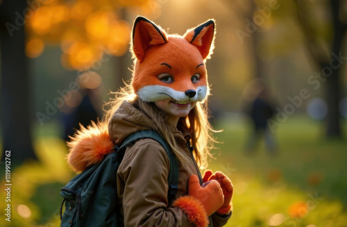 A teenage girl in an animal carnival fox mask with fluffy ears plays quadrober in the park, imitating animal actions as part of the Quadrobika subculture photo