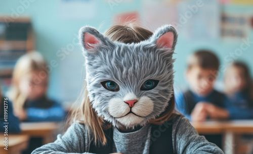 A child in a fluffy cat mask sits at a desk in the classroom photo