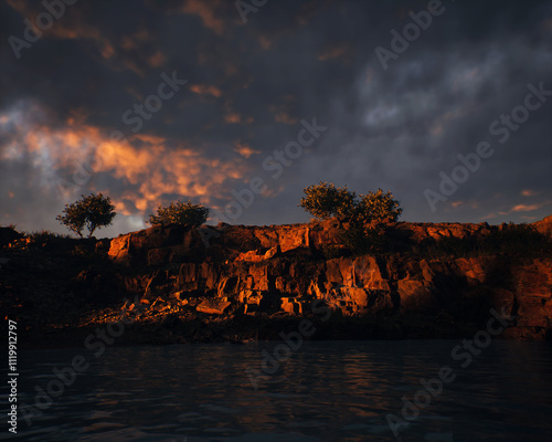 Obraz na płótnie Quarry slate with water and some trees under a sunset cloudy sky. 3D render. w salonie