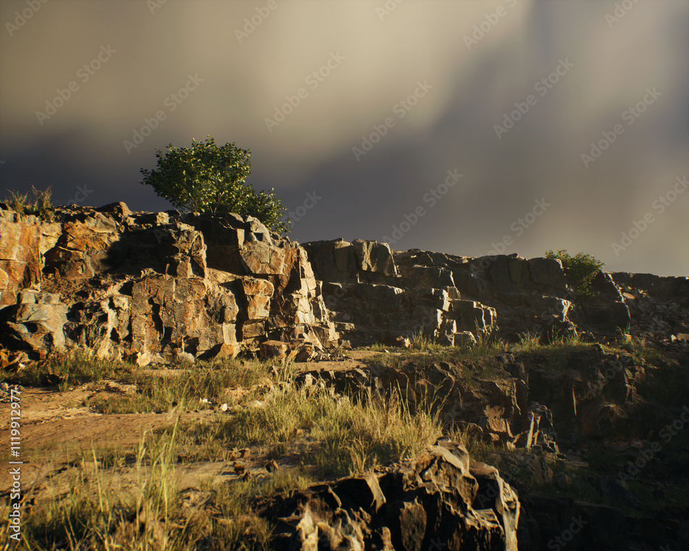 Foggy quarry slate with vegetation under a cloudy sky. 3D render.