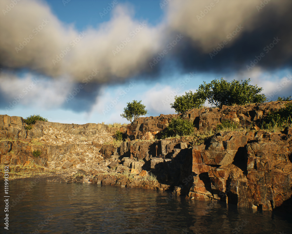Quarry slate with water and vegetation under a cloudy sky. 3D render.
