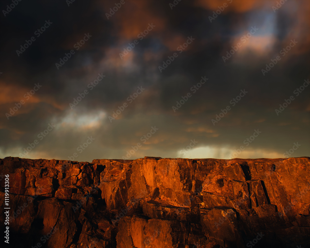 Quarry slate under a cloudy sky during sunset. 3D render.
