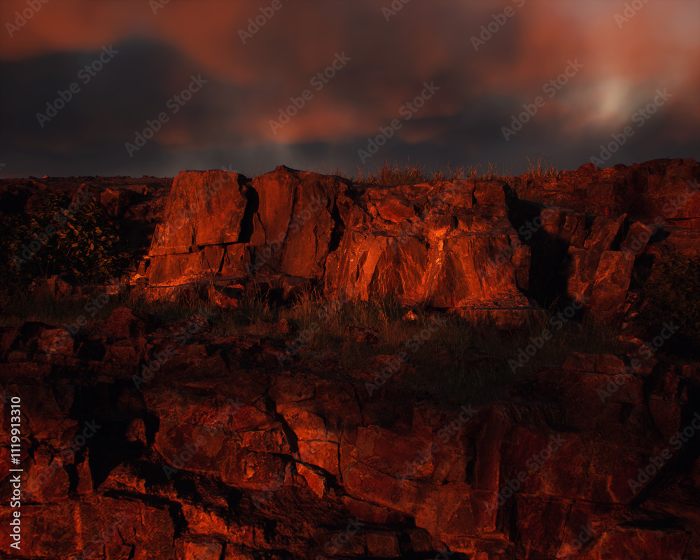 Quarry slate under a cloudy sky during sunset. 3D render.