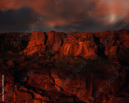 Obraz na płótnie Quarry slate under a cloudy sky during sunset. 3D render. w salonie