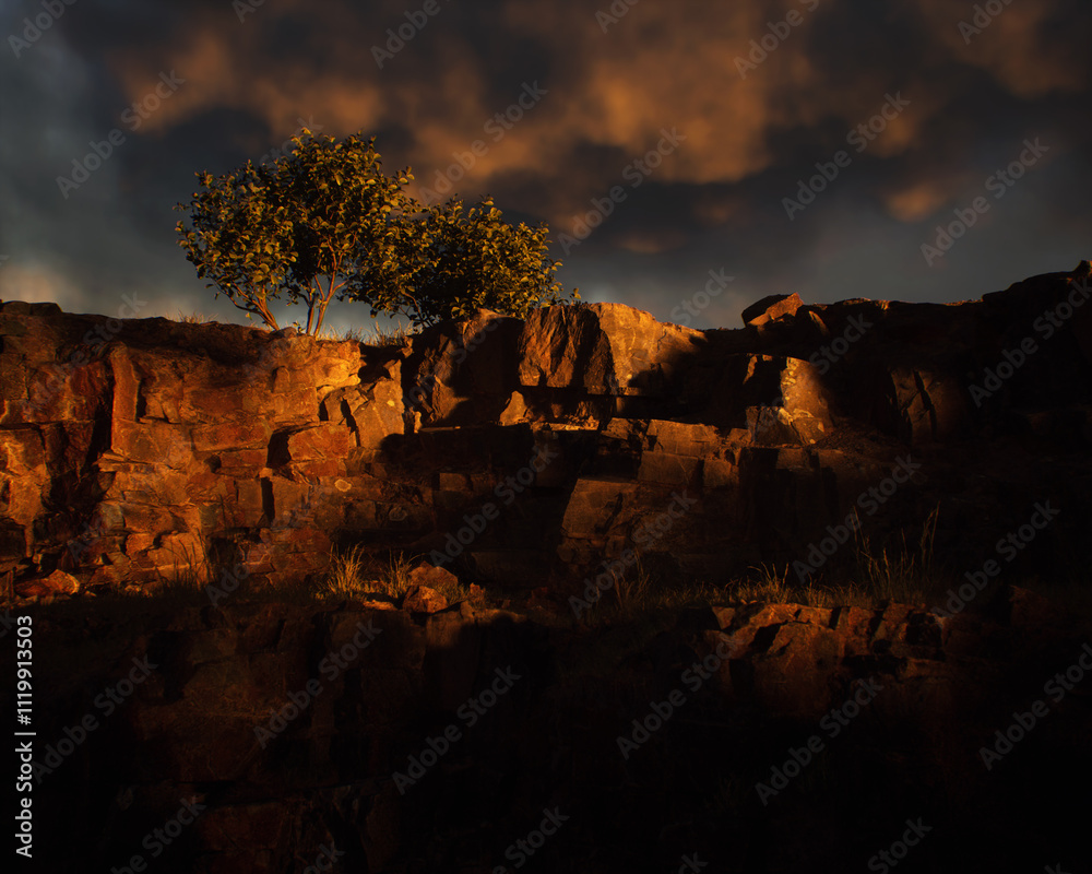 Quarry slate with some trees under a cloudy sky during sunset. 3D render.