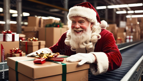 Santa Claus joyfully works with Christmas gifts on conveyor belt in festive warehouse, surrounded by beautifully wrapped presents