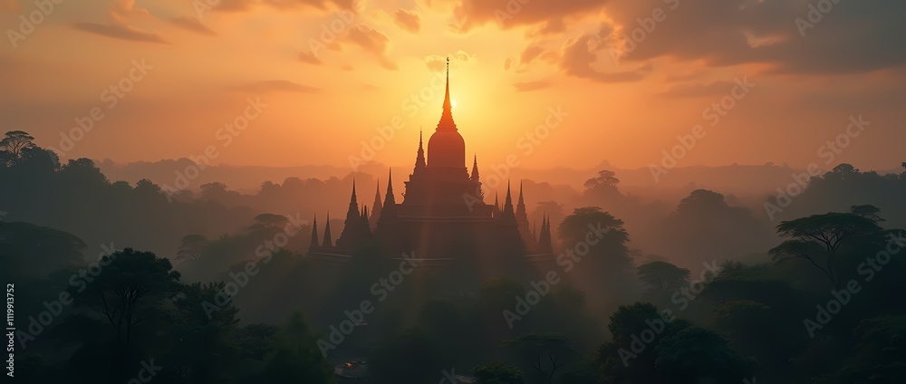 Fototapeta premium Buddhist temple ruins shrouded in forest, cinematic sunset sky