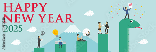 2025年の巳と学生と先生が乗ったグラフの年賀状_happy new year_横長
