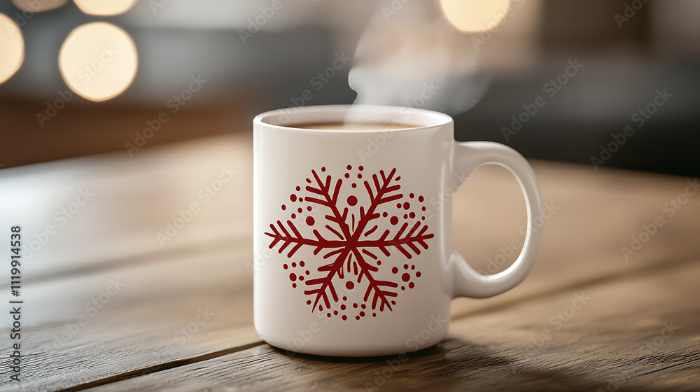 Fototapeta premium Close-up of a white ceramic mug with a red snowflake design