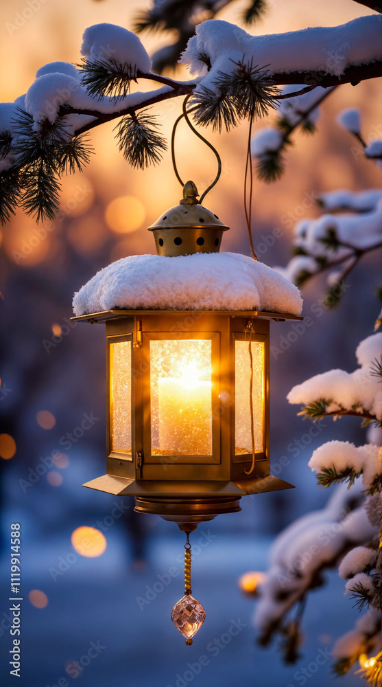 Glowing lantern hanging from snow covered pine branch at dusk, decorative crystal pendant, warm light illuminating winter evening, magical holiday atmosphere Glowing lantern hanging from snow covered pine branch at dusk, decorative crystal pendant, warm light illuminating winter evening, magical holiday atmosphere