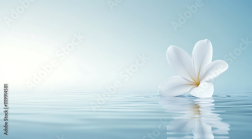 A white flower floats on the water, light blue sky background, light color theme