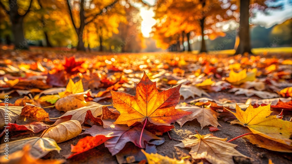 Colorful fallen maple leaves on the ground in autumn park with blurred background Colorful fallen maple leaves on the ground in autumn park with blurred background