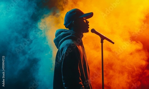 In this video, a hip hop rapper performs on stage with pink and blue smoke, a live concert back view, nighttime vibes, music performance visual effects, and an energetic and atmospheric scene can be photo