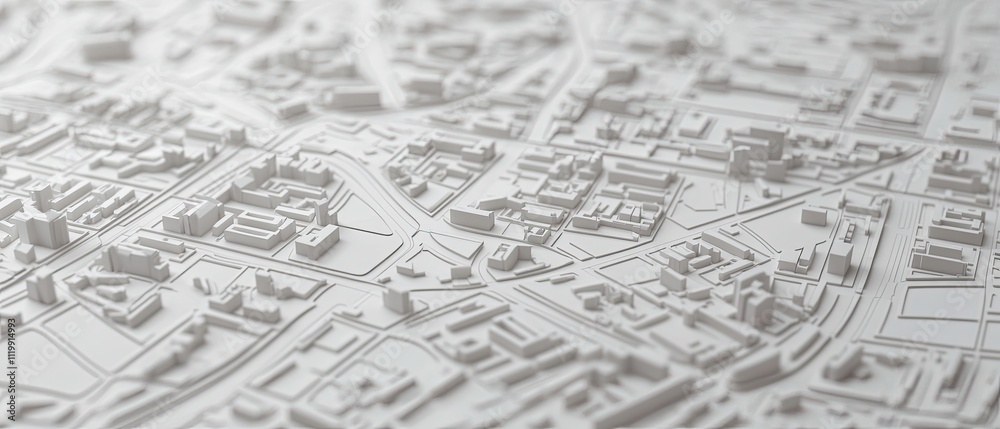 Fototapeta premium White relief model of city buildings and streets.