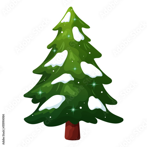 Green fluffy Christmas tree with snow, not decorated. Symbol of New Year and Christmas. Vector illustration of coniferous tree on white background