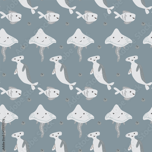 Cute sea creatures pattern with rays and sharks on blue background.