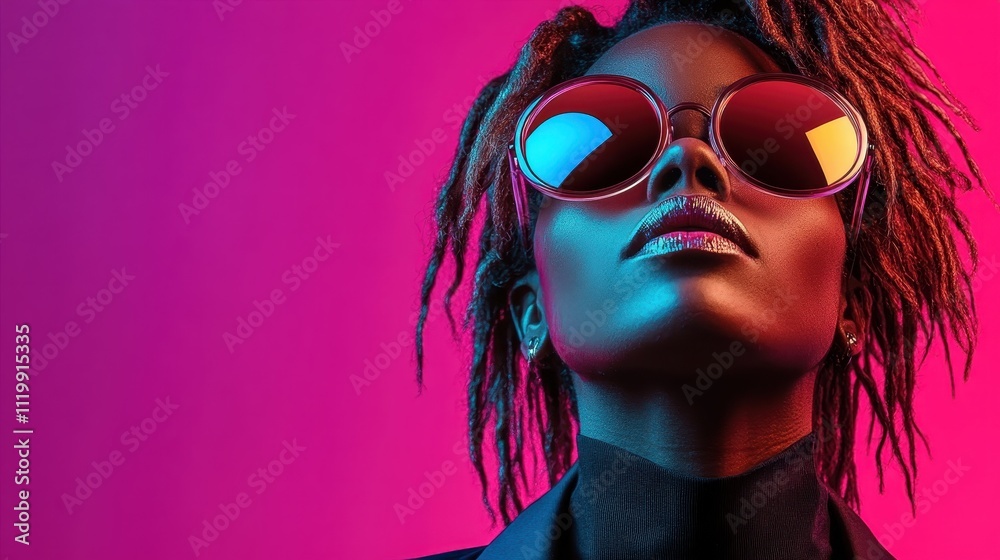A chic woman in large sunglasses poses against a vivid pink background, highlighting her confident style and modern fashion sense in an artistic portrait format. A chic woman in large sunglasses poses against a vivid pink background, highlighting her confident style and modern fashion sense in an artistic portrait format.
