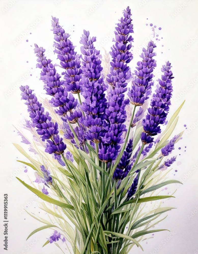 Naklejka premium Delicate watercolor lavender stems arranged in a minimalist bouquet.