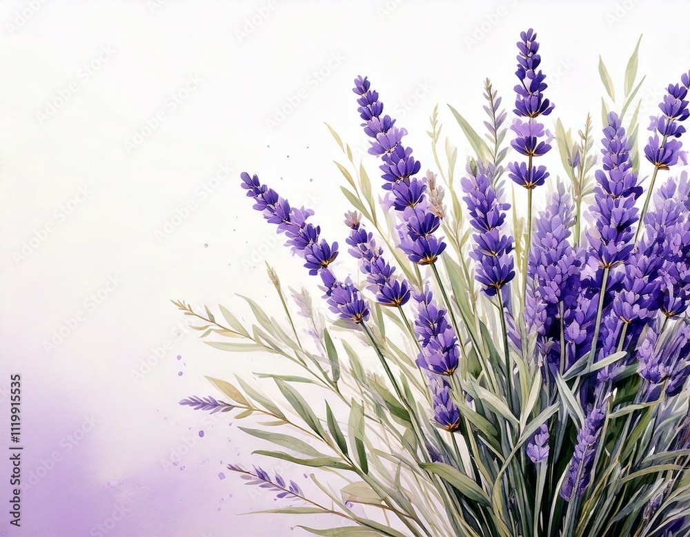 Naklejka premium Delicate watercolor lavender stems arranged in a minimalist bouquet.