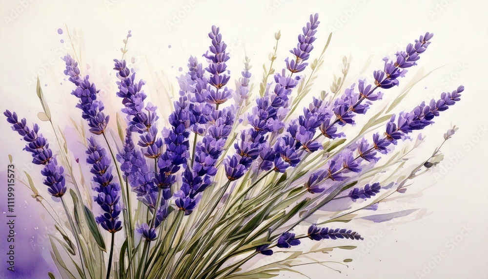 Naklejka premium Delicate watercolor lavender stems arranged in a minimalist bouquet.