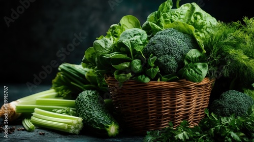 A detailed image showcases a wicker basket brimming with vibrant green vegetables and herbs like spinach, broccoli, and celery, evoking a sense of health and freshness. photo