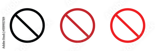 Sign forbidden. Icon symbol ban. Red circle sign stop entry and slash line isolated on white background. Mark prohibited. Round cross logo restrict entrance. Signal cancel enter. Vector illustration