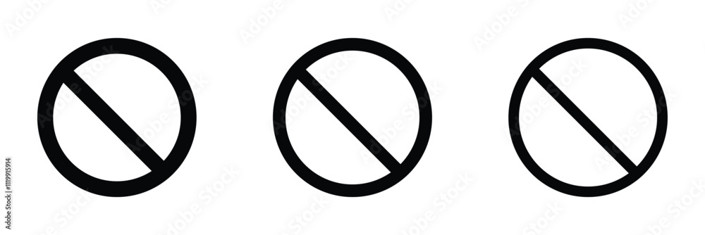 Sign forbidden. Icon symbol ban. Red circle sign stop entry and slash line isolated on white background. Mark prohibited. Round cross logo restrict entrance. Signal cancel enter. Vector illustration