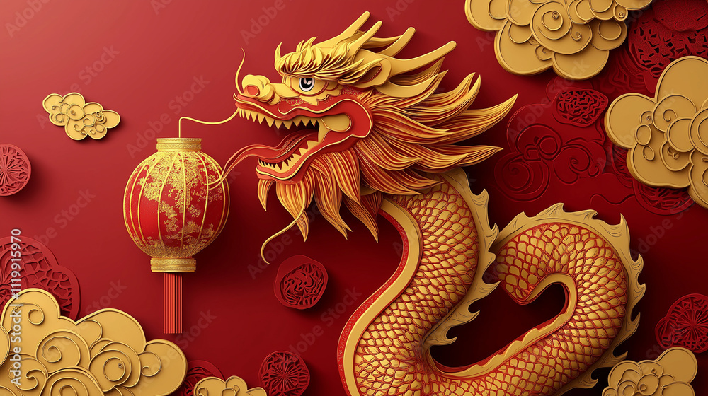 Happy Chinese New Year 2025 Year of the Dragon with gold paper cut style, lanterns and clouds Happy Chinese New Year 2025 Year of the Dragon with gold paper cut style, lanterns and clouds