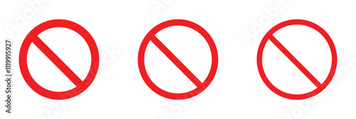 Sign forbidden. Icon symbol ban. Red circle sign stop entry and slash line isolated on white background. Mark prohibited. Round cross logo restrict entrance. Signal cancel enter. Vector illustration