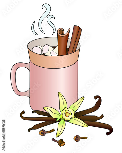 Cup with a hot drink - vector full color illustration. Coffee or tea with marshmallows and cinnamon sticks. A mug and pods and a vanilla flower beside her. Cocoa with marshmallows and spices.	