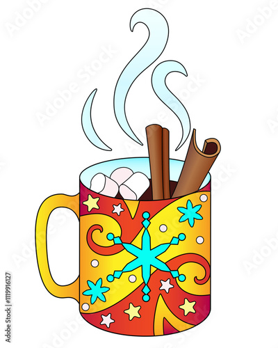 Cup of hot drink with cinnamon and marshmallows - vector with zentangles illustration. Hot chocolate mug with Christmas zentangles, snowflakes and stars. Coffee with steam cinnamon and marshmallows	