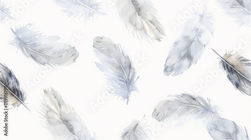 Elegant light blue feather pattern on a light background perfect for textiles and wall art. Abstract backdrop. Watercolor illustration