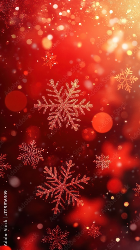 Red gradient background with snowflakes and golden bokeh effect Red gradient background with snowflakes and golden bokeh effect