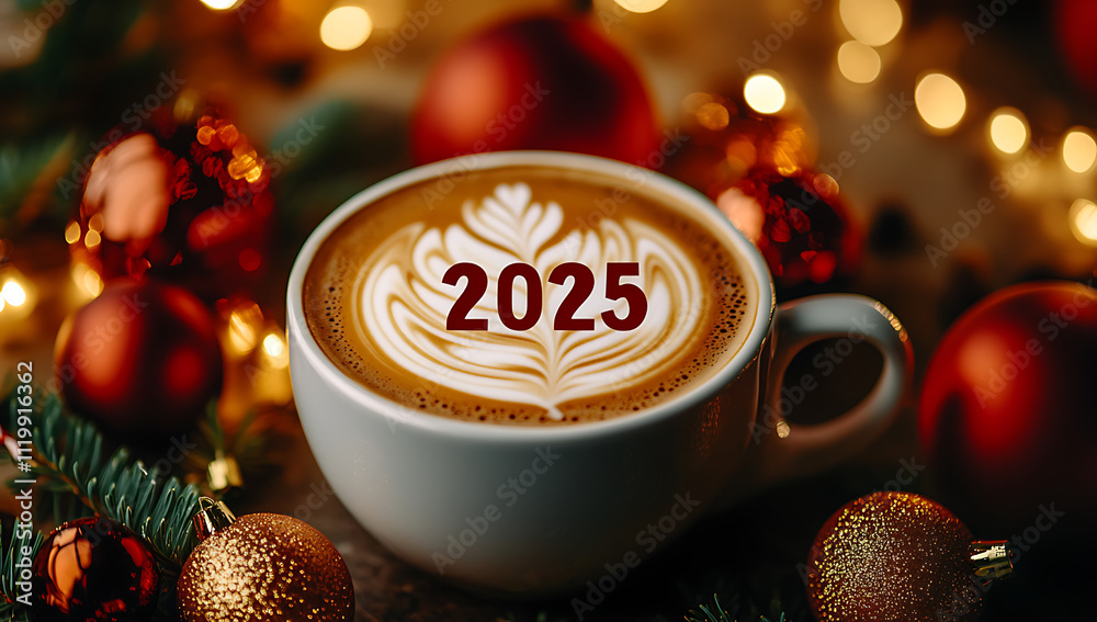 Cappuccino with latte art in the shape of a Christmas tree and the number 